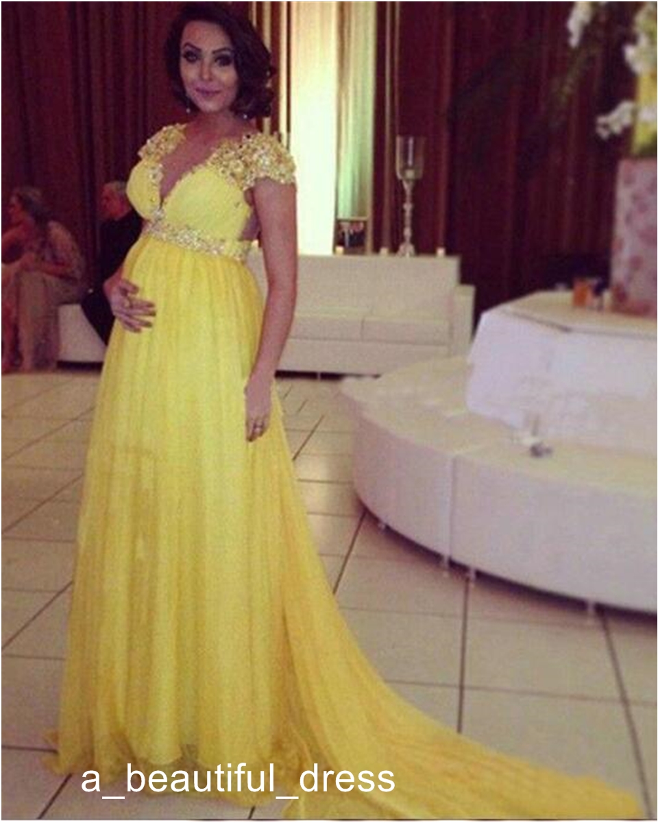 Pregnant Party Dresses Free Shipping prom dressesVestidos Largos Para Bodas V-Neck Yellow Chiffon Long Evening Dresses Cheap ED1199