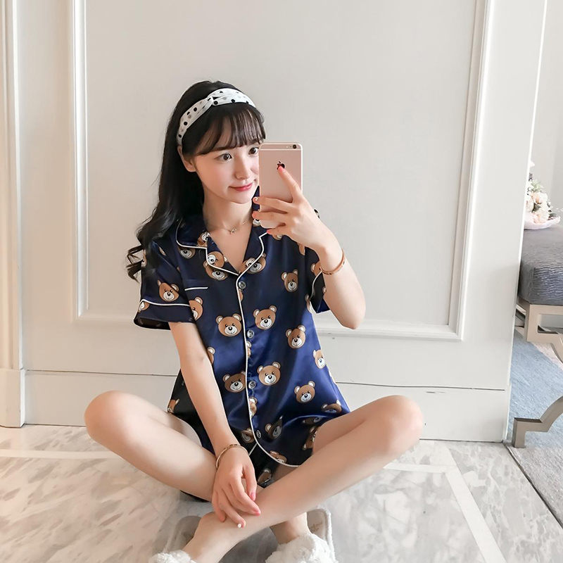 2019 Summer Short Sleeve Silk Pamas Two Pieces Set Sleepwear Sexy Nightwear for Women Sleeping pijamas mujer