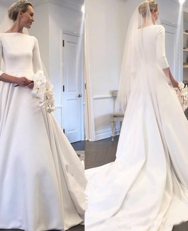 Simple 3/4 Long Sleeves Wedding Dresses with Buttons Back A Line Bridal Dresses Satin Bridal Wedding Gowns