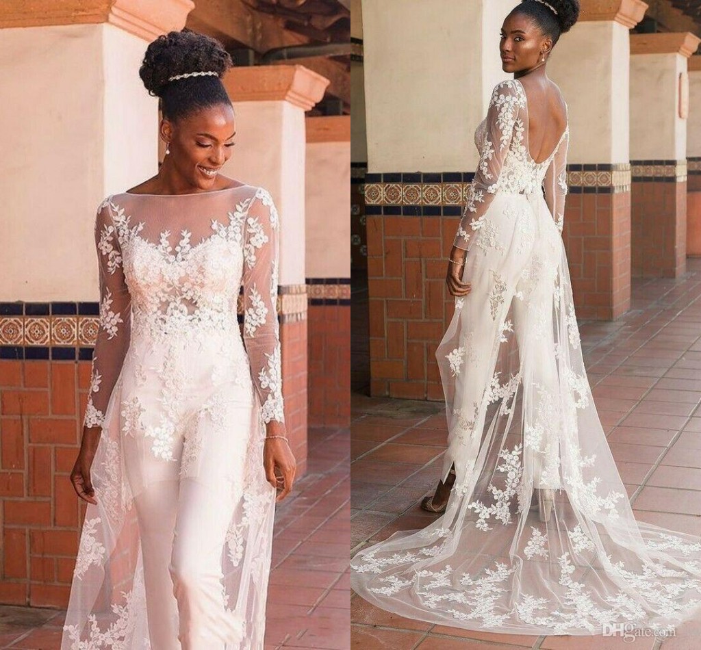 Modern South African Lace Wedding gown Dresses Jumpsuits Scoop Neck Long Sleeves Satin Applique Backless Plus size Bridal Wedding Gowns, Ivory
Modern South African Lace Wedding gown Dresses Jumpsuits Scoop Neck Long Sleeves Satin Applique Backless Plus size Bridal Wedding Gowns, Ivory