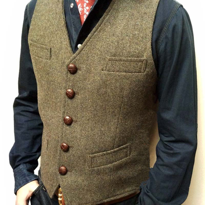 2020 Blue Groom Vests Attire For Wedding Bestmen Wool Herringbone Tweed Custom Made Slim Fit Mens Suit Vest Farm Prom Dress Waistcoat