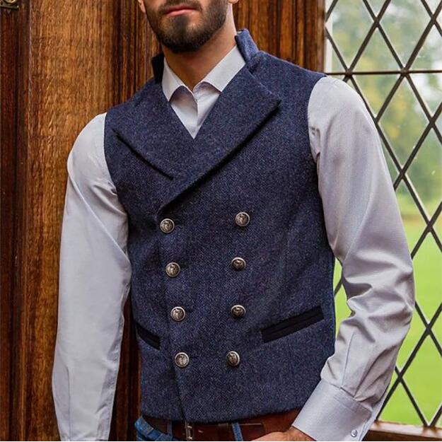 Rustic Groom Vests Attire For Wedding Groomsmen Double Breasted Wool Herringbone Tweed Slim Fit Mens Suit Vest Prom Dress Waistcoat 242