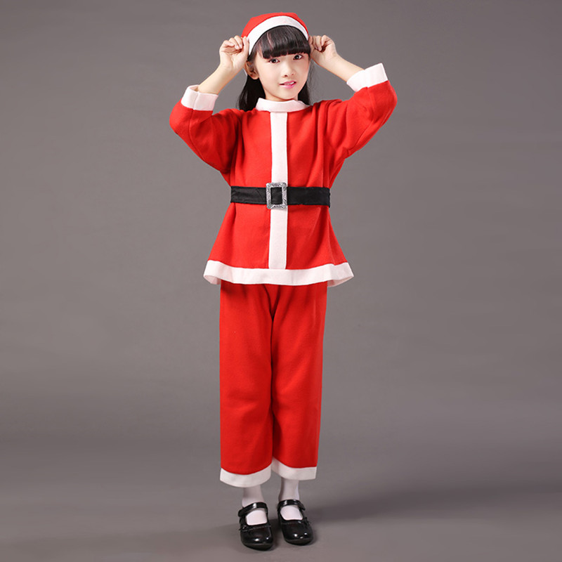 THIN Little Santa Claus Costume Children Christmas Outfit White Fuzzy Trim Girls Bowknot Dress Boys Shirt Pants Hat Set Cosplay 1-13 yrs