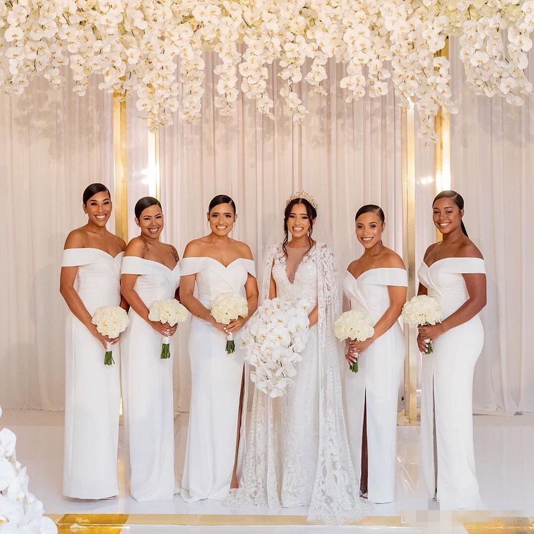 2020 Ivory Bridesmaid Dresses Plus Size Mermaid Side Slit Off the Shoulder Pleats Ruched Floor Length Maid of Honor Gown Beach Wedding