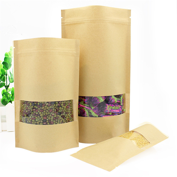 Reusable Kraft Paper Self-Seal Zipper Bags with Clear Window for Dried Fruits & Nuts - 10x15 cm