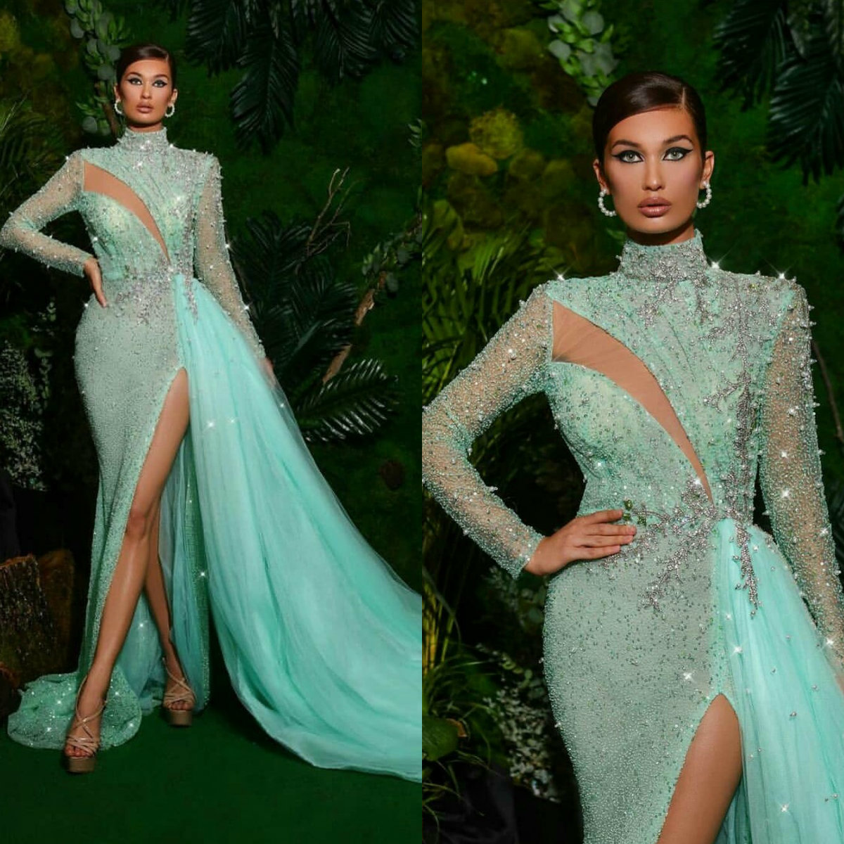 Fashion Mint Green Evening Dresses Mermaid Robe De Soiree High Split Beaded Long Sleeves Formal Prom Gowns Saudi Arabic Cocktail Party Dress