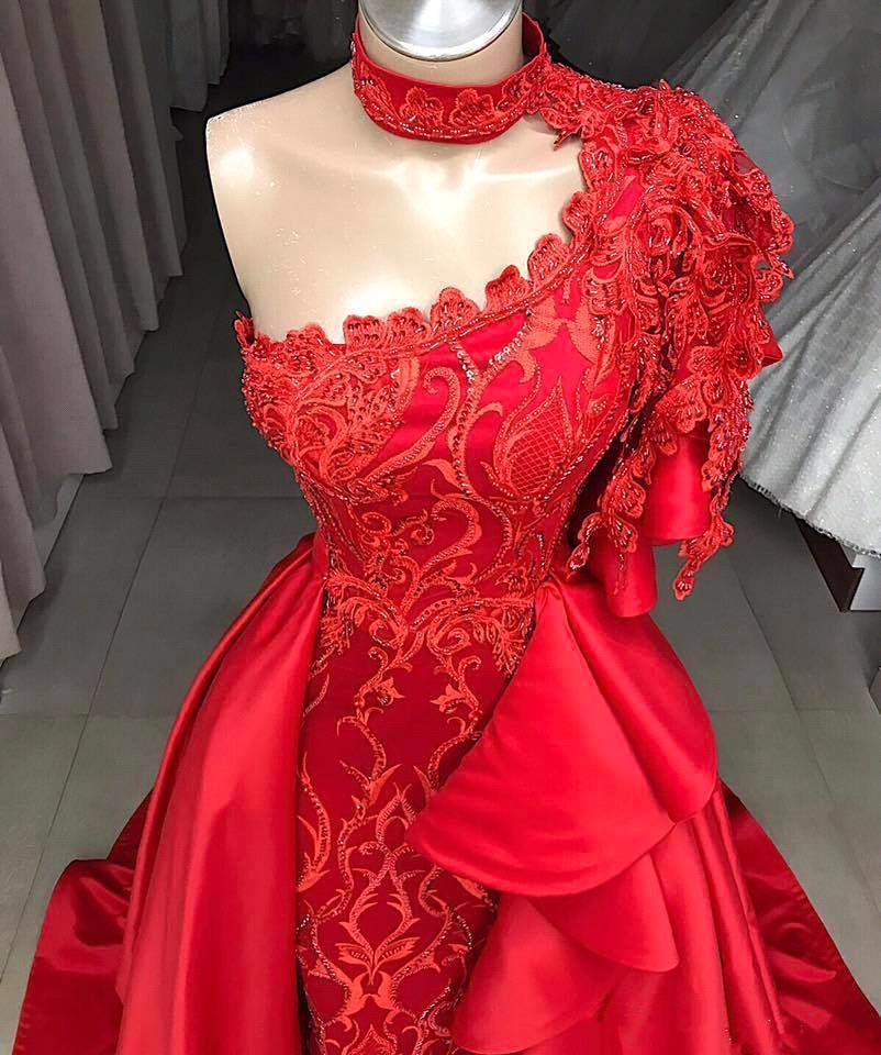 plus size mermaid red one shoulder prom dresses lace appliques beaded with detachable skirt long evening gowns party dress