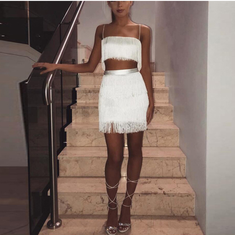 NewAsia Garden Two Piece Set Summer Fringed 2 Piece Set Women Tassel Crop Top And Skirt Set Sexy Outfits For Women Matching Sets