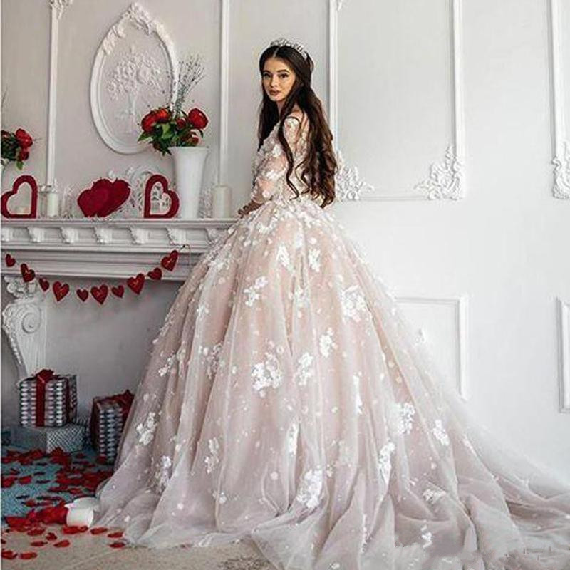 vintage lace ball gown wedding dresses bridal gowns 3d floral appliqued 3 4 long sleeve scoop neck beads plus size wedding dress