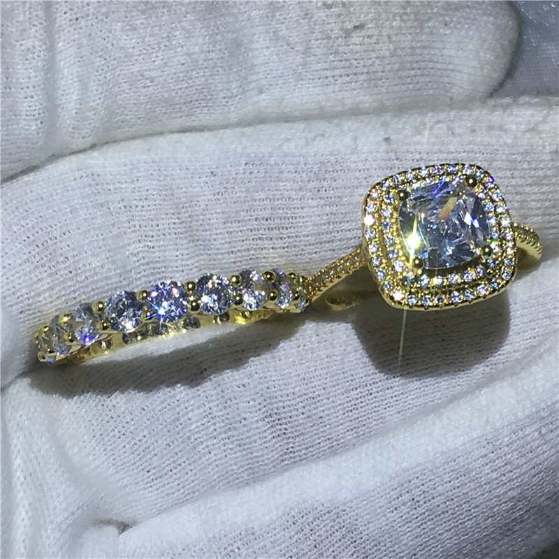 Sparkling Luxury Jewelry 925 Sterling Silver&Gold Fill Cushion Shape White Topaz CZ Diamond Gemstones Couple Rings Women Bridal Ring Set