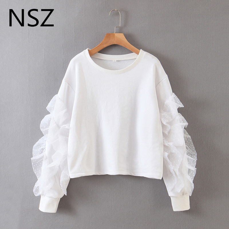 NSZ women white crop top hoodies polka dot mesh tiered ruffles sleeve oversized sweatshirt hoody ladies cropped pullovers jumper, Ivory
NSZ women white crop top hoodies polka dot mesh tiered ruffles sleeve oversized sweatshirt hoody ladies cropped pullovers jumper, Ivory
