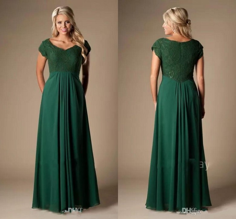 Vintage Dark Green Bridesmaid Dresses Long Short Sleeves Lace Chiffon Modest Cheap Wedding Party Dresses A-line Maids of Honor Dress