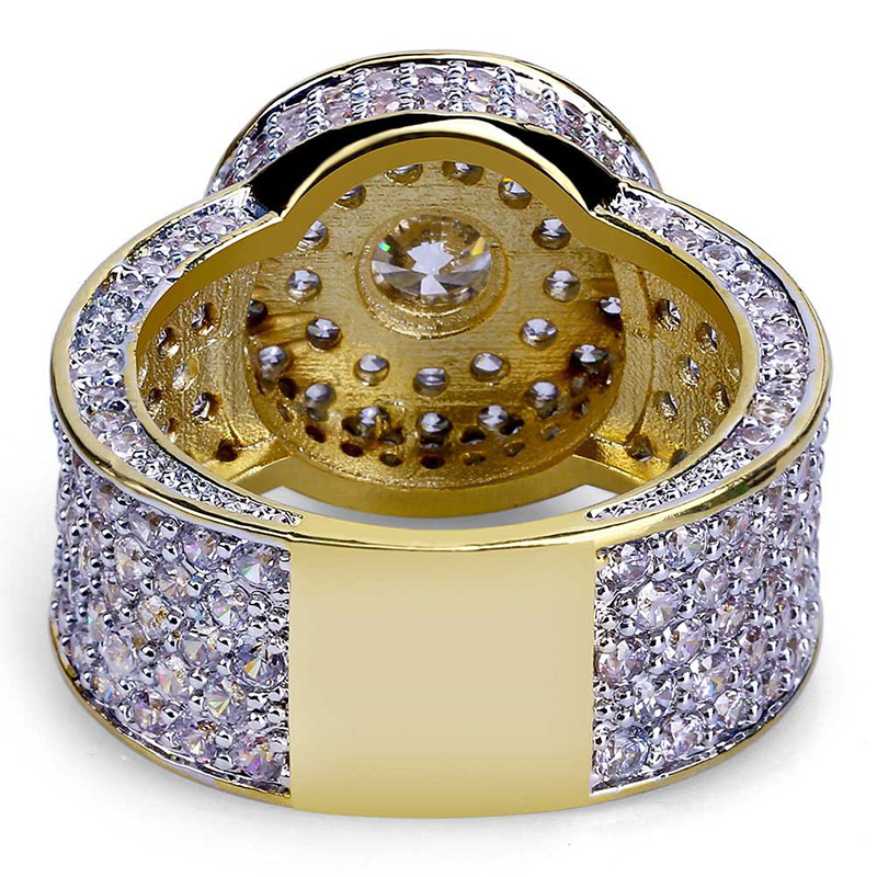 Sophisticated Men's Hip Hop Style Ring with Large 18k Gold Plate & Sparkling CZ Diamonds