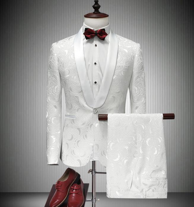 White Groom Tuxedos 2019 Jacquard Wedding Pants Coat Design Best Man Blazer Men Suits Prom Party Dress Suit Custom (Jacket+Pants)