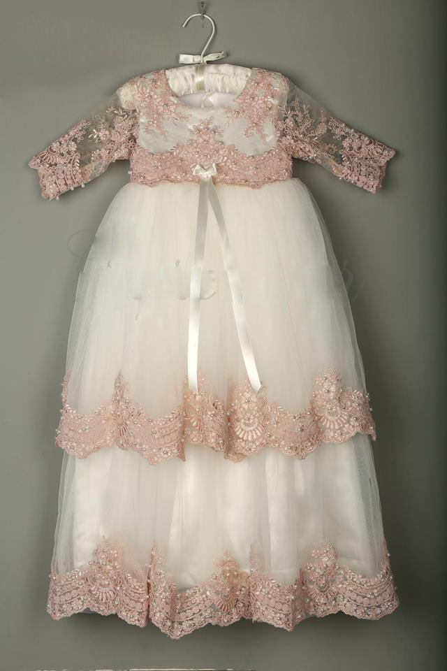 3/4 Long Sleeve Christening Gowns For Baby Girls Lace Appliqued Beads Baptism Dresses With Bonnet First Communication Dress