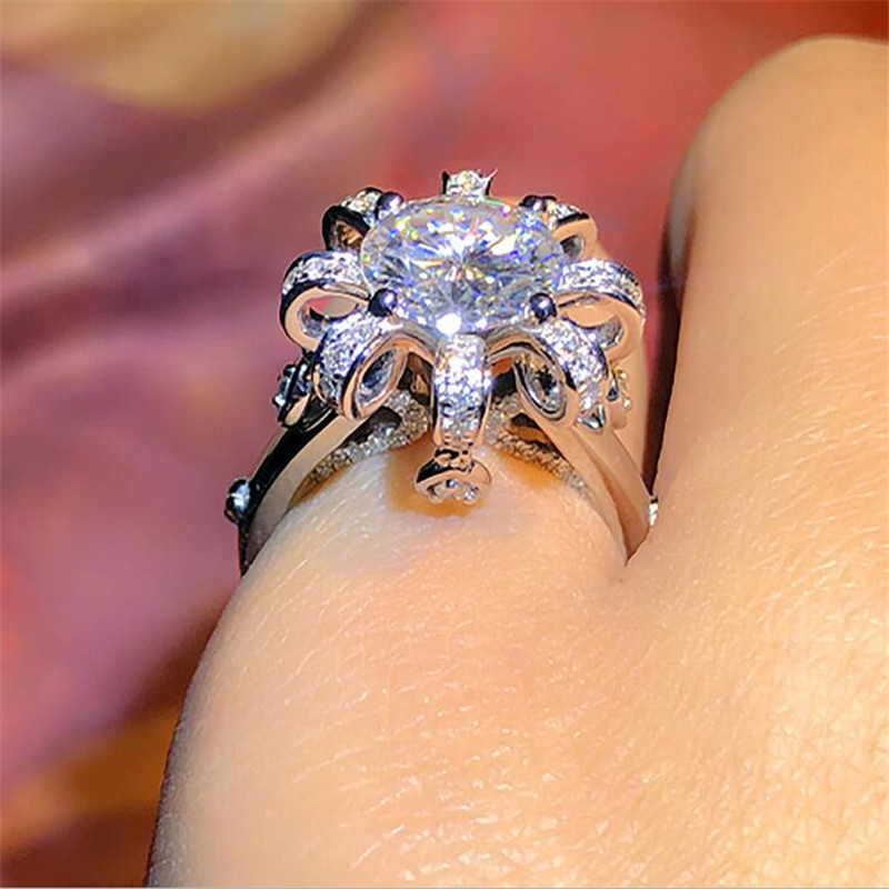 US Size 6-10 Classic Jewelry 925 Sterling Silver Round Cut White Topaz CZ Diamond Gemstones Eternity Women Flower Wedding Band Ring Gift