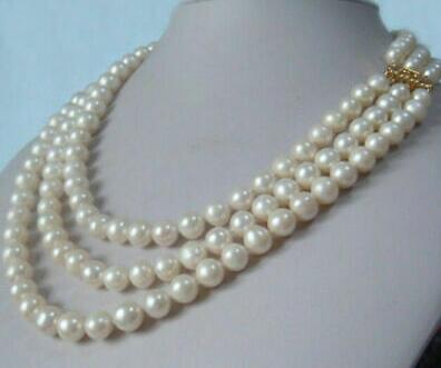 

Fine Pearls Jewelry Three-Strand natural 8-8.5mm akoya white pearl necklace 17"18"19" 14K gold clasp