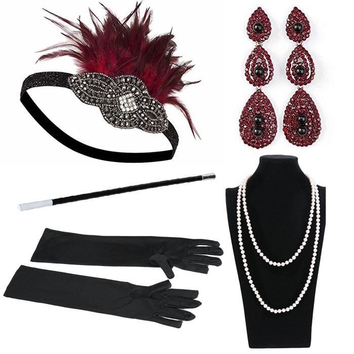 

1920 Women's vintage GATSBY feather headbands Flapper Costume Accessory Cigarette Holder pearl necklace gloves set Hair