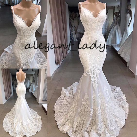 Full Lace Backless Mermaid Wedding Dresses 2019 Modest Sexy Spaghetti Sweep Train Applique Trumpet Arabic beach Bridal Gowns Dress veil
