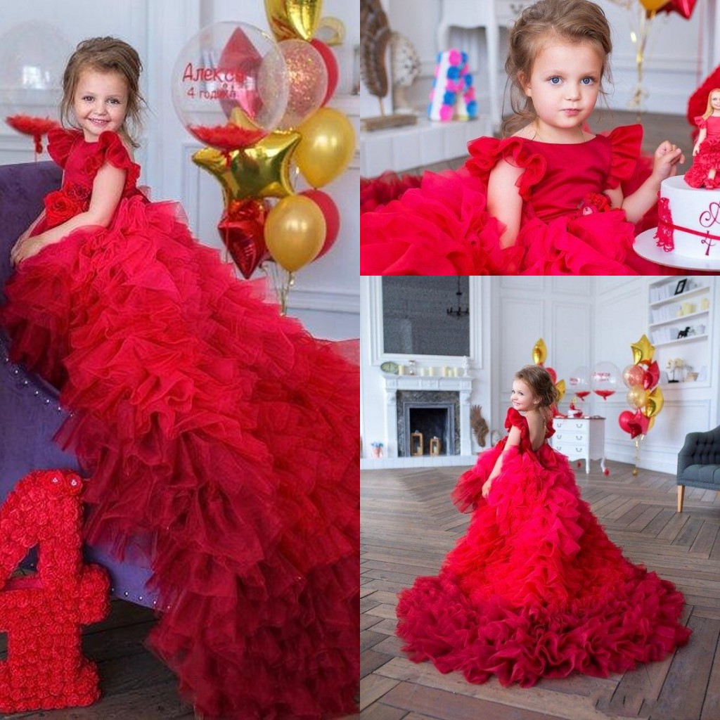 New Design Lovely Red Flower Girls Dresses For Weddings Jewel Neck Tiered Ruffles Sweep Train Birthday Girl Communion Pageant Gowns