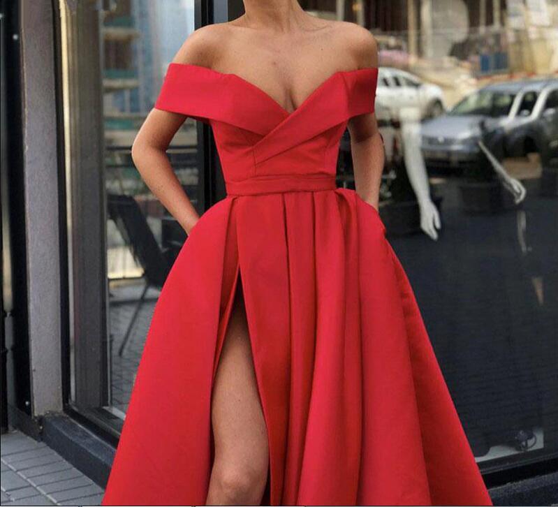 Elegant Off the Shoulder Champagne Evening Dress Satin Sexy A-line Prom Party Dress High Slit Evening Gowns 2019 Long vestido fiesta