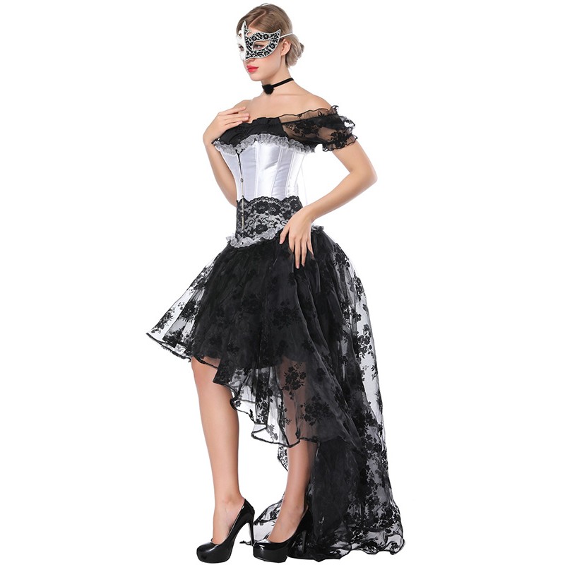 Women 3pcs Set Bundle Sale Burlesque Corset Dress with Sheer Floral Lace Blouse and Hi-lo Long Skirt Plus a Ruffle Hem Overbust Corset