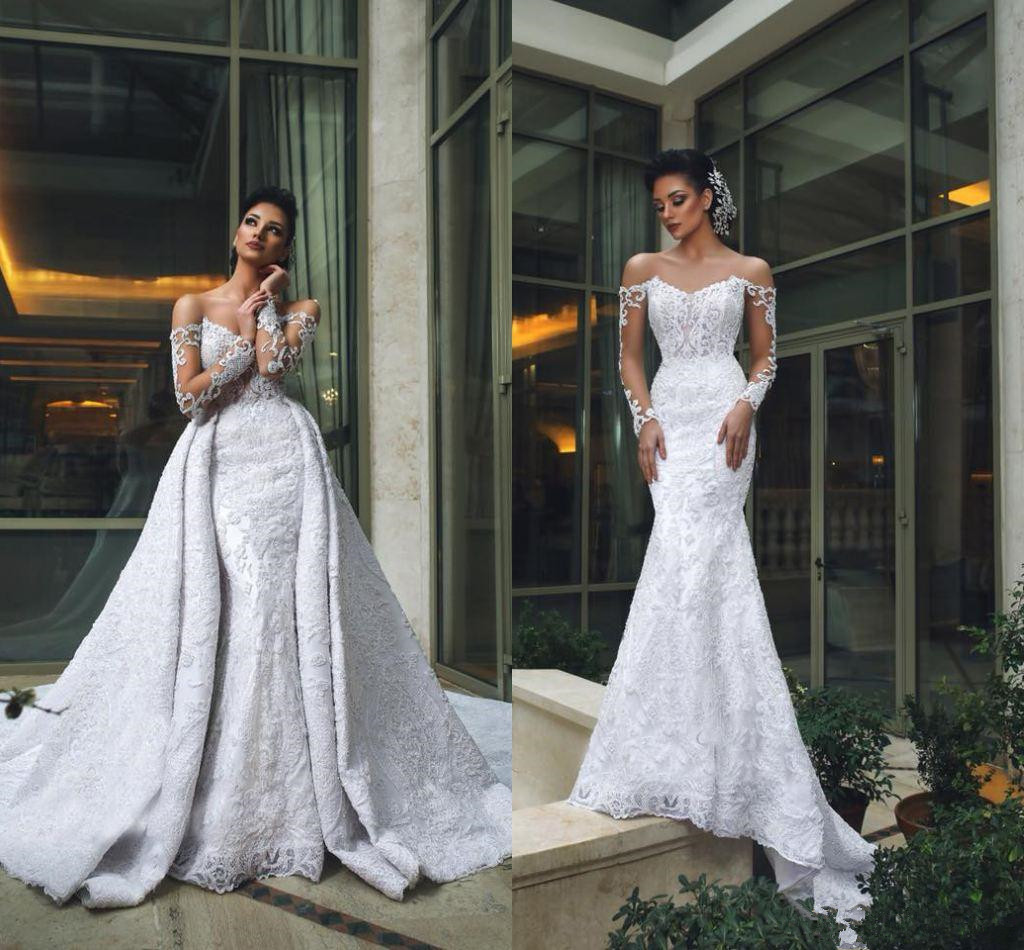 

Sexy Lace Long Sleeves Mermaid Wedding Dress With Detachable Train Vintage Off Shoulder Sheath Sweep Train Bridal Gown Custom Made, Same as image