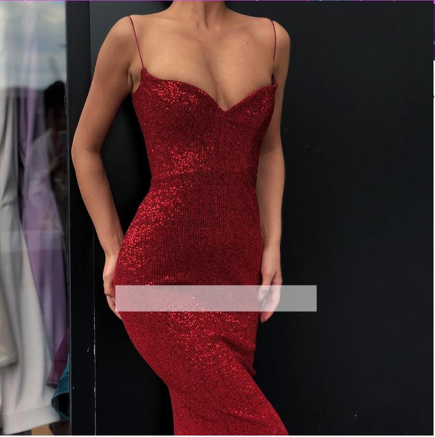Sexy Mermaid Bling Prom Sequined Spaghetti Straps Backless Formal Evening Gowns Special Ocn Dresses Robes De Soire