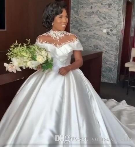 Spring Plus Size Wedding Dresses 2019 Sheer Neck Capped Lace Appliques Satin Modest Wedding Dress Count Train Country Bridal Gowns Vestidos