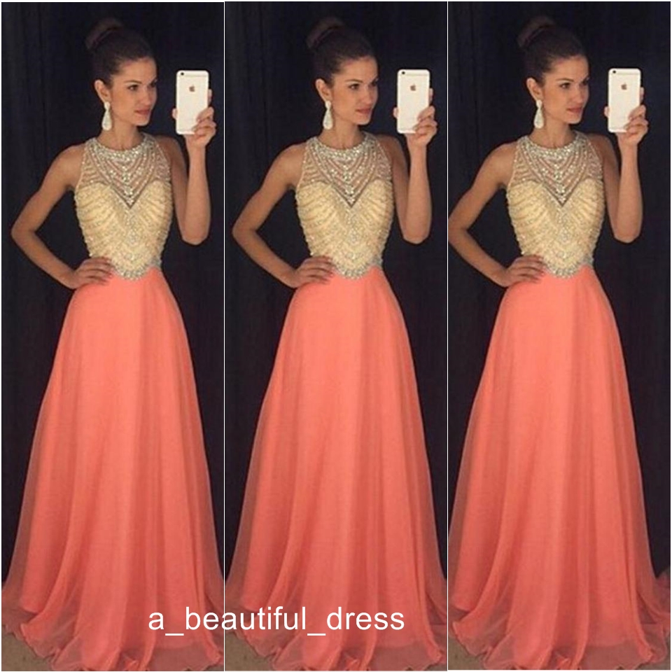 Latest Jewel Neck Chiffon Evening Dresses Sleeveless Crystals A-line Beaded Custom Made Long Bridesmaid Party Prom Dresses ED1179