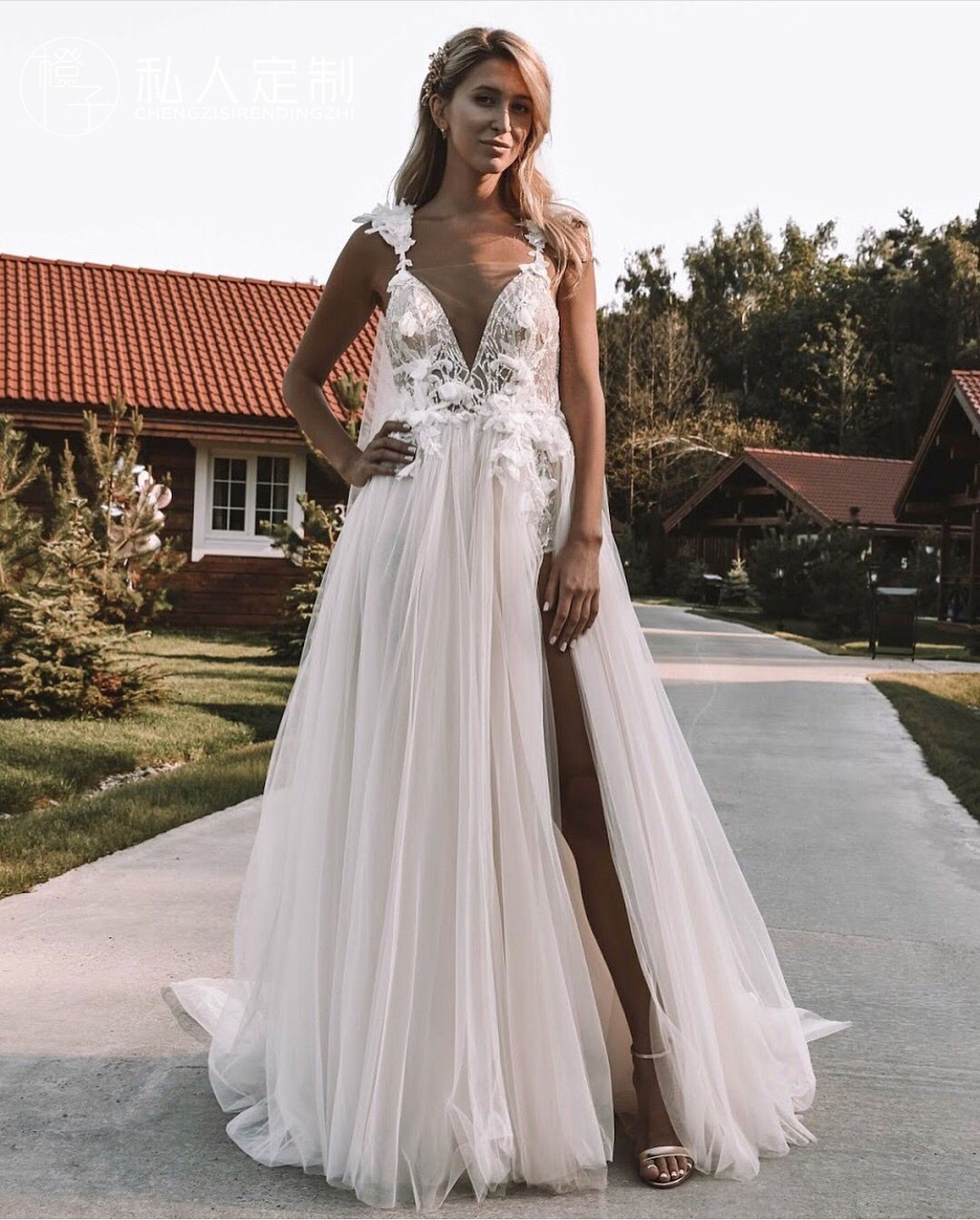 Princess berta Wedding Dresses V Neck Sleeveless Lace Bridal Gowns Front Split Beach Lace Tulle Wedding Dress Cheap