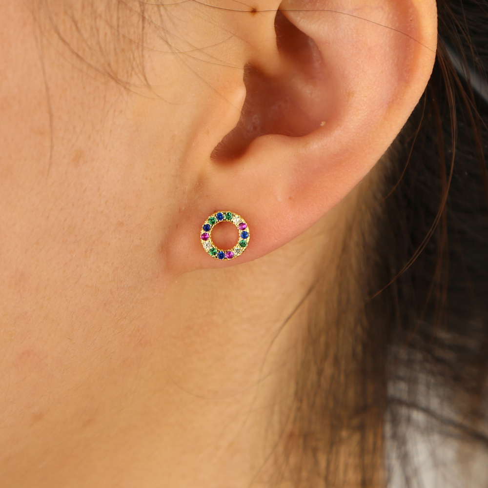 925 sterling silver geometric round circle stud earring colorful multi color cz stone paved tiny round earrings