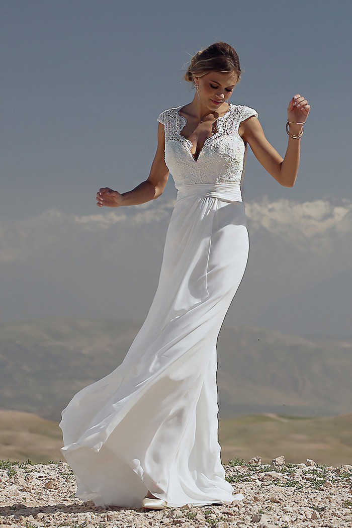 Chic Mermaid Dresses V Neck Cap Sleeve Sweep Train Chiffon Bohemian Wedding Dress Custom Plus Size Beach Bridal Gowns