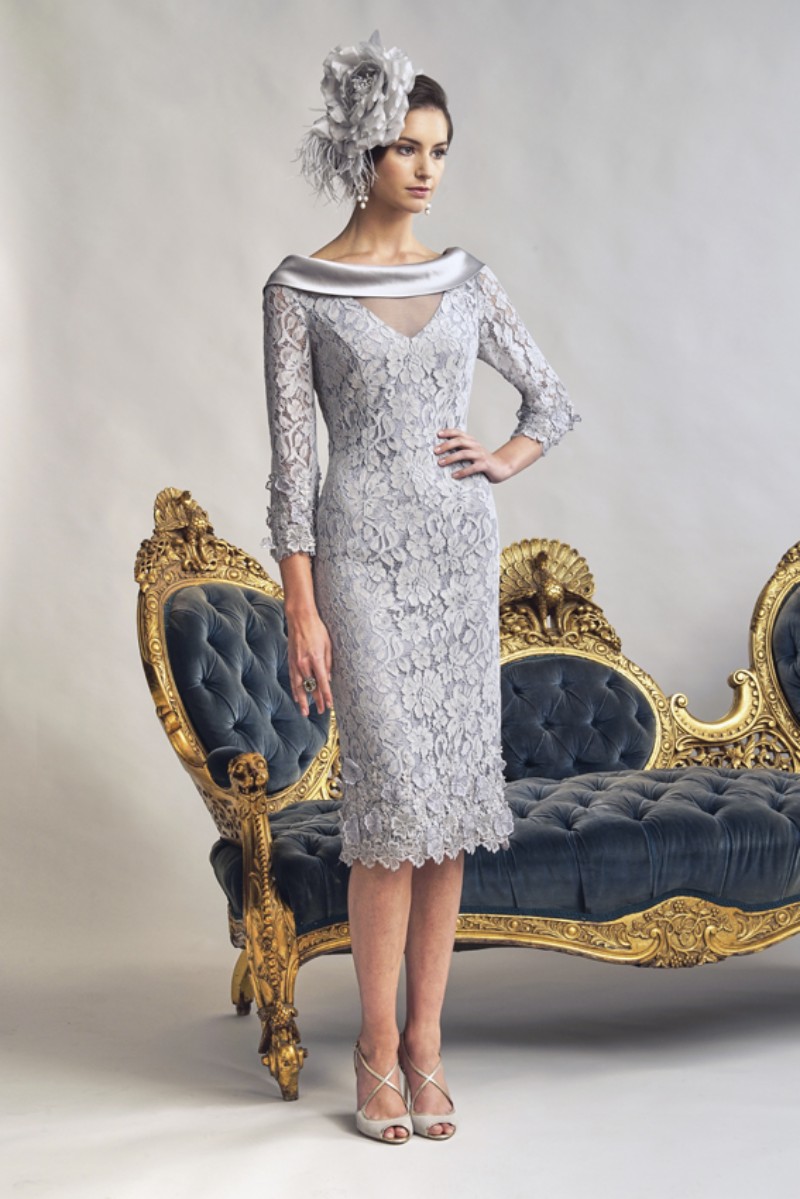 Jillharvey Sheath Mother of The Bride Dresses Jewel Neck Wedding Guest Dress 3/4 Long Sleeve Applique Lace Knee Length Evening Gowns
