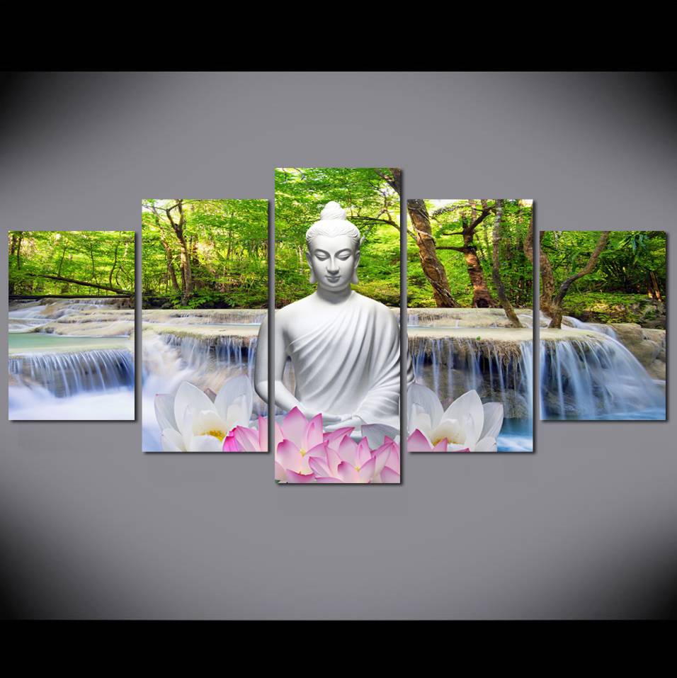 5 Pieces Canvas Print Modern Fashion Wall Art the Lotus Buddha Landscape for Home Decoration Choose Size:3( No Frame )