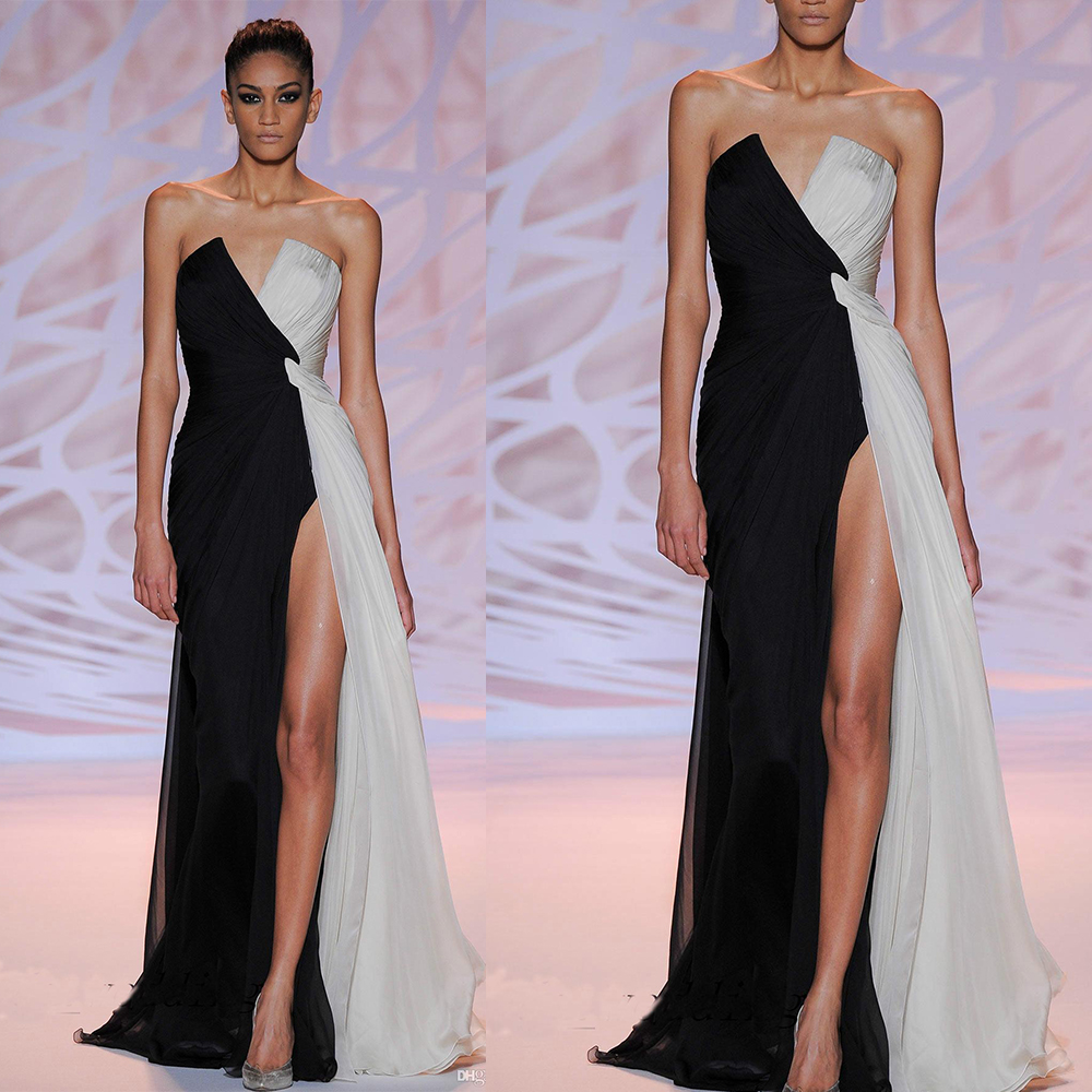 black and white aline evening dresses sweetheart sleeveless highsplit ruffle chiffon party gown sweep train custom made evening gown