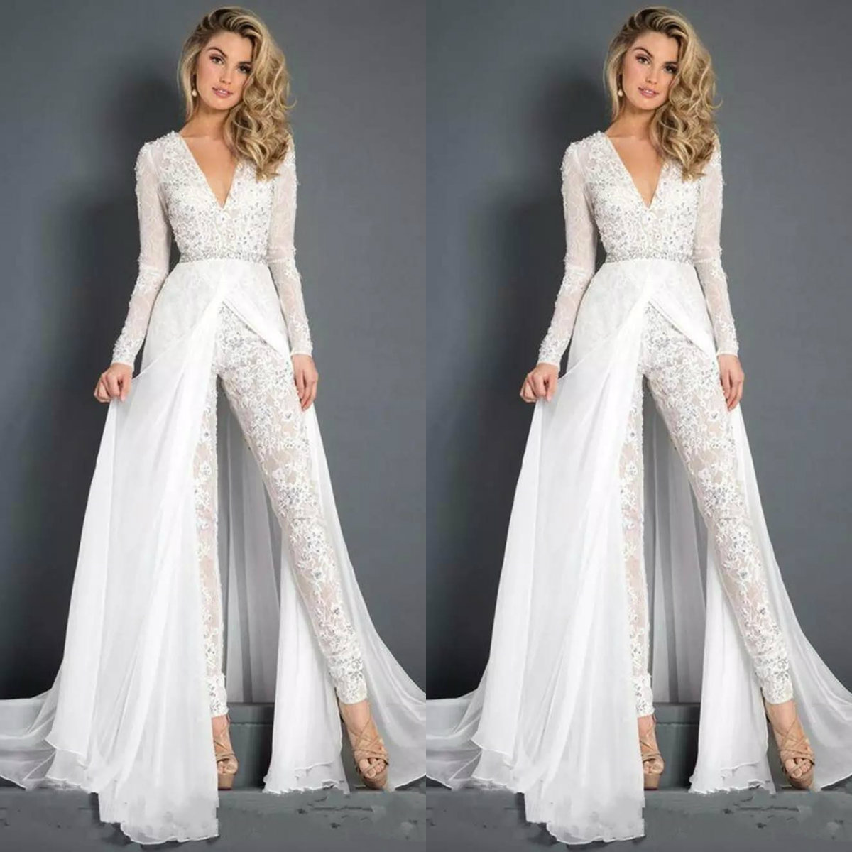 2019 New Lace Chiffon Wedding Dresses Jumpsuits With Overskirt Modest V Neck Long Sleeve Beaded Belt Beach Casual Jumpsuit Bridal Gowns, Gold
2019 New Lace Chiffon Wedding Dresses Jumpsuits With Overskirt Modest V Neck Long Sleeve Beaded Belt Beach Casual Jumpsuit Bridal Gowns, Gold
