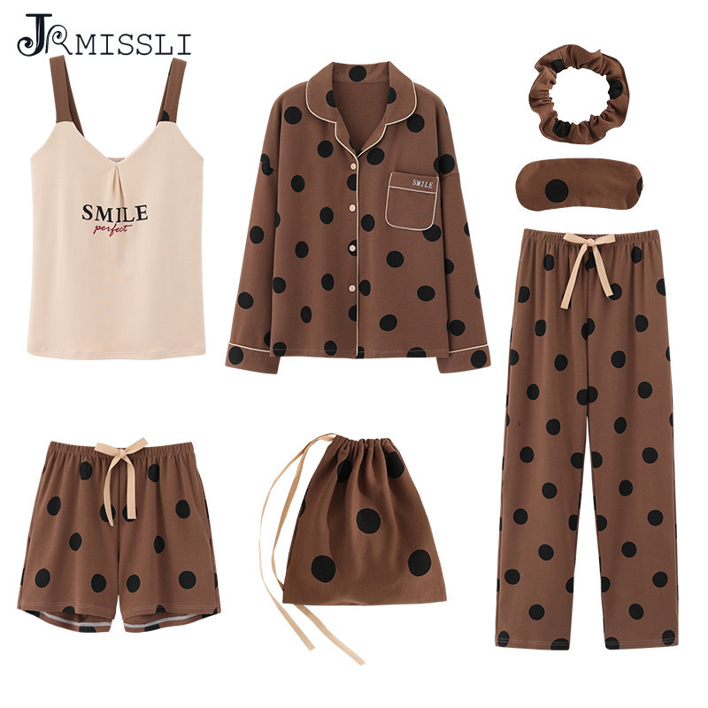 7pcs set Pyjamas Set Ladies Cotton Sweet Home Outerwear Women Sleepwear Wear Clothing Dot Print Pajama sets T200110