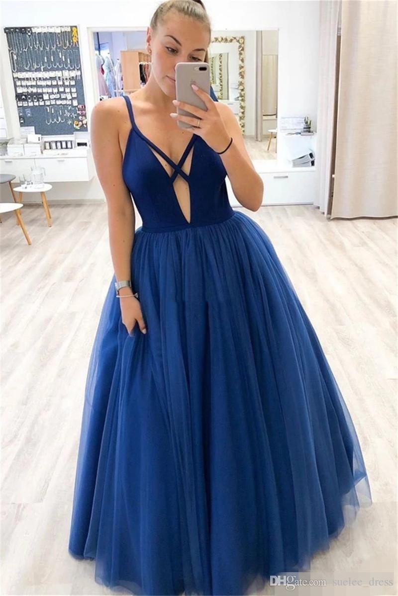 Blue Sexy Royal A Line Prom Dresses V Neck Satin Tulle Spaghetti Straps Floor Length Formal Dress Eevening Party Gowns Ogstuff Vestidos estidos