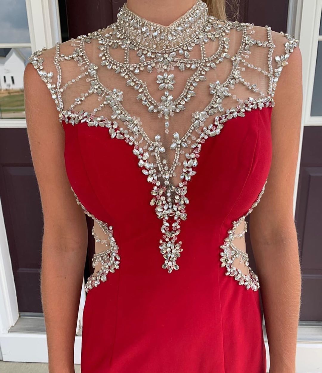 2020 Red Beaded Prom Dresses High Neck Rhinestone Crystal Side Split Long Evening Dress Party Wear Custom Made Formal Occasion Gowns