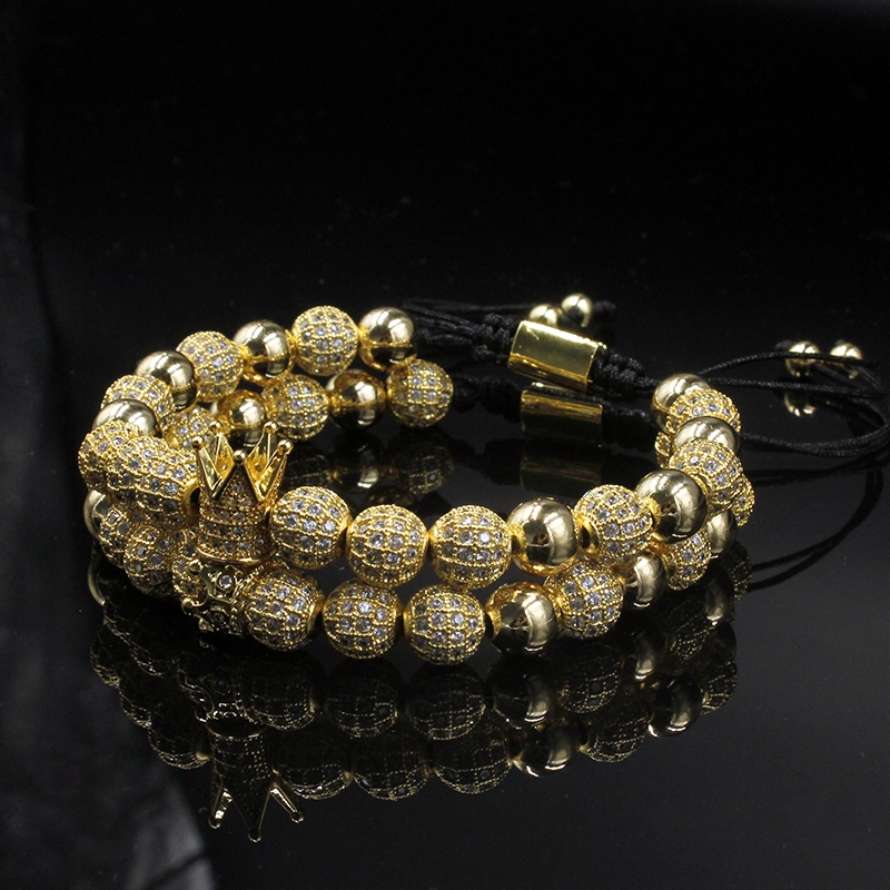 Men BraceletsLuxury Crown Charm 8mm Micro Pave CZ Round Braided Macrame Bracelet Pulseira Feminina Handmade Jewelry Women Gift Valentine's Day Ho