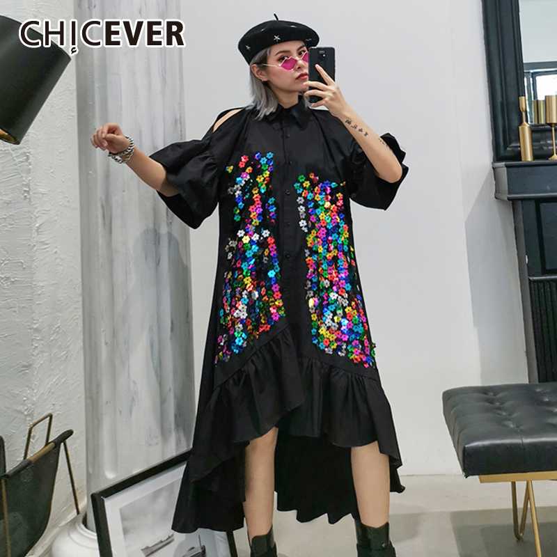 CHICEVER Patchwork Sequined Hit Color Dress Female Lapel Collar Flare Sleeve Oversize Loose Asymmetric Midi Dresses Women 2020, Black
CHICEVER Patchwork Sequined Hit Color Dress Female Lapel Collar Flare Sleeve Oversize Loose Asymmetric Midi Dresses Women 2020, Black