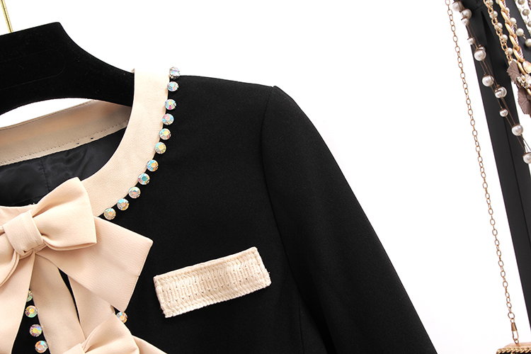 High Quality female jacket Bow Beading Diamonds tweed Black Woolen jackets women long sleeve fashion coat clothing 2019 T200407