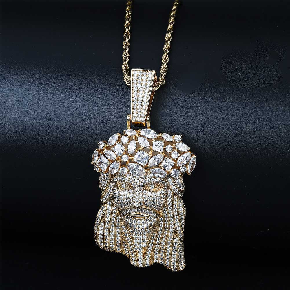 Top Quality 18K Gold Cubic Zirconia Big Jesus Portrain Necklace Pendant Iced Out CZ Cuban Chains Hip Hop Rapper Jewelry Gifts for Men Guys