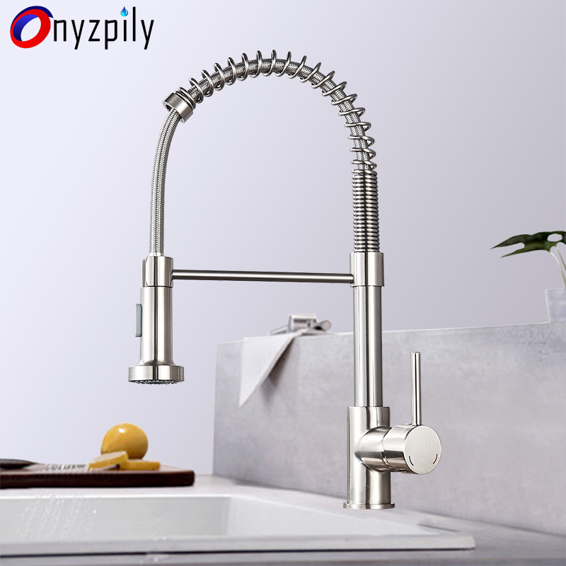 Spring Brushed Kitchen Sink Faucet Pull Down Sprayer Nozzle Single Handle Faucet Mixer Hot Cold Stainless Steel Modern T200423
Spring Brushed Kitchen Sink Faucet Pull Down Sprayer Nozzle Single Handle Faucet Mixer Hot Cold Stainless Steel Modern T200423