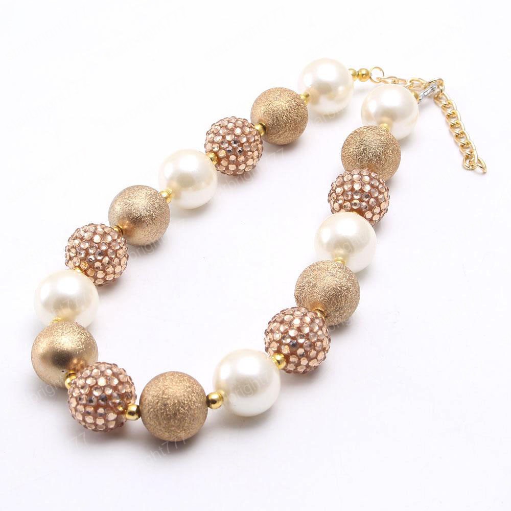 Newest Gold+Beige Color Baby Kid Chunky Necklace&Bracelet Set Fashion Bubblegum Beads Chunky Necklace Jewelry Set For Children Gilr