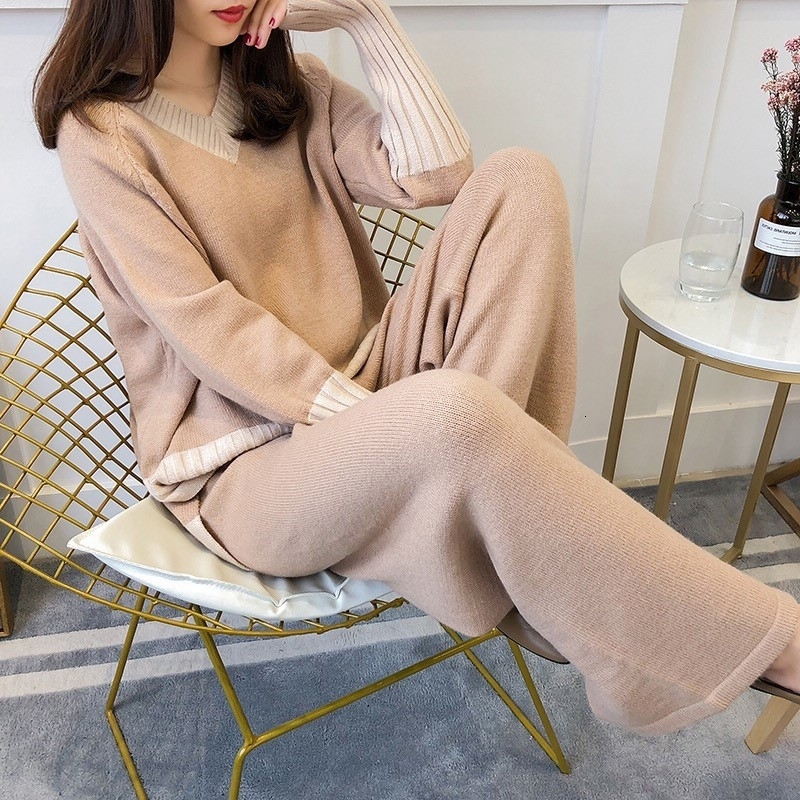 H.SA 2018 Winter New Women Two Pieces Sweater Suite V neck Loose Style Female Knit Jumpers Wide Leg Pants Sweater Suit KoreanMX190928