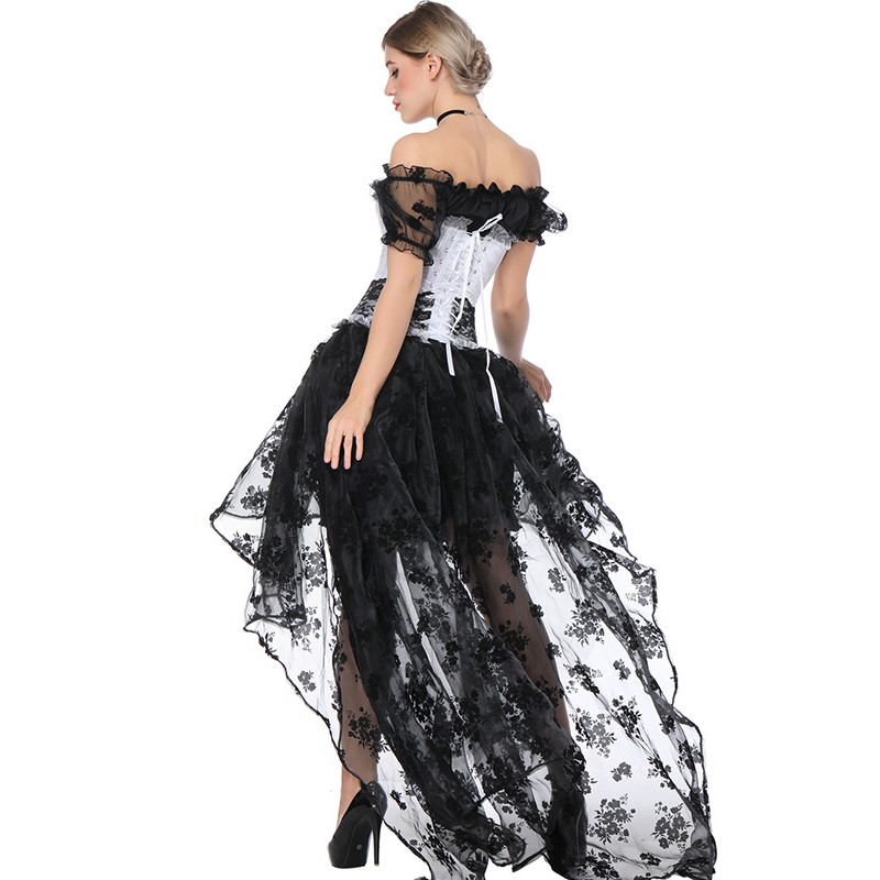 Women 3pcs Set Bundle Sale Burlesque Corset Dress with Sheer Floral Lace Blouse and Hi-lo Long Skirt Plus a Ruffle Hem Overbust Corset