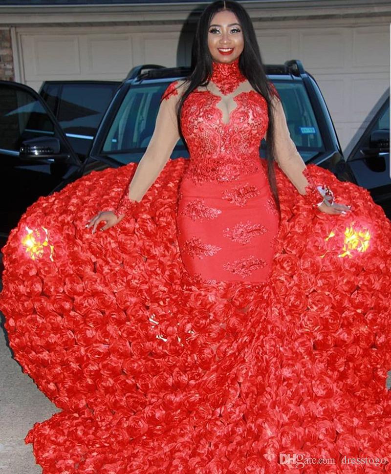 Red Mermaid Prom Dresses 2019 High Neck Sheer Long Sleeves Formal Evening Gowns Lace Appliques Sweep Train Party Pageant Gowns Plus Size