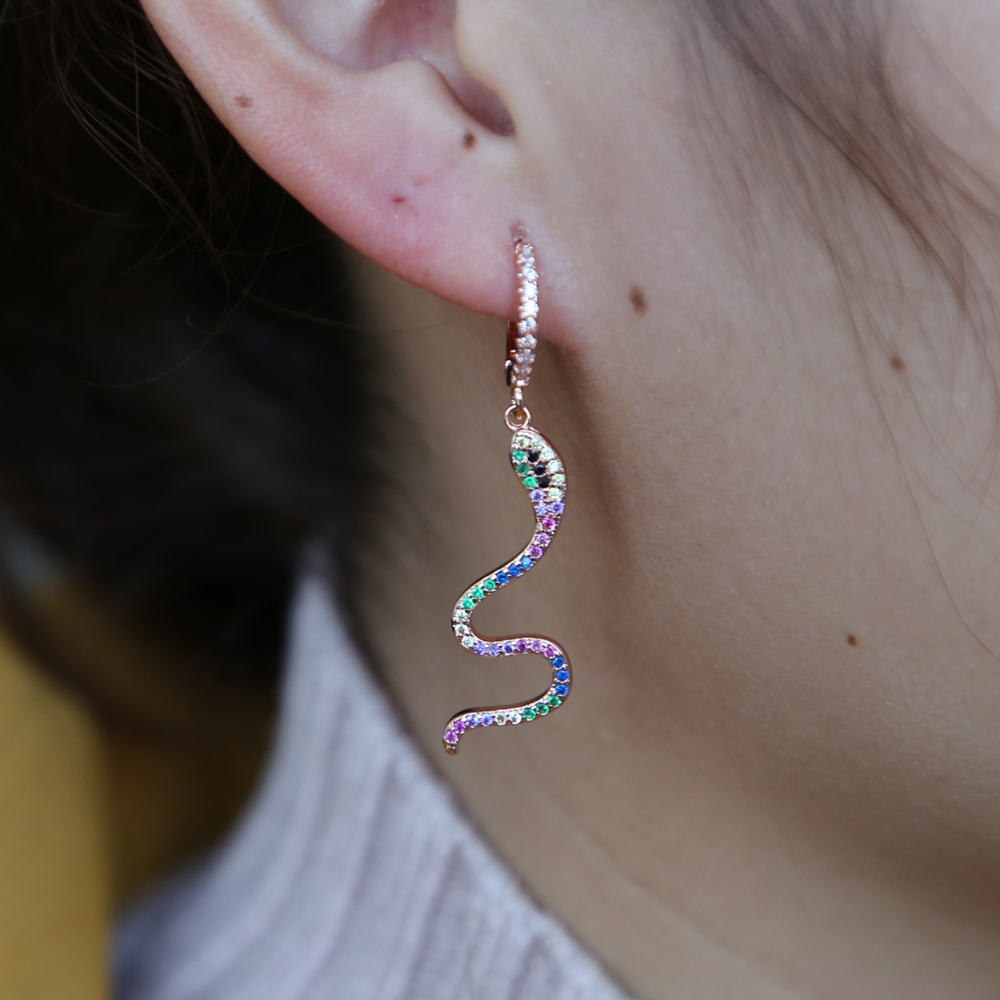 2018 hot fashion delicate rainbow cz wrap dangle snake shape cz bar earring Gold filled mix color CZ charm fashion women jewelry